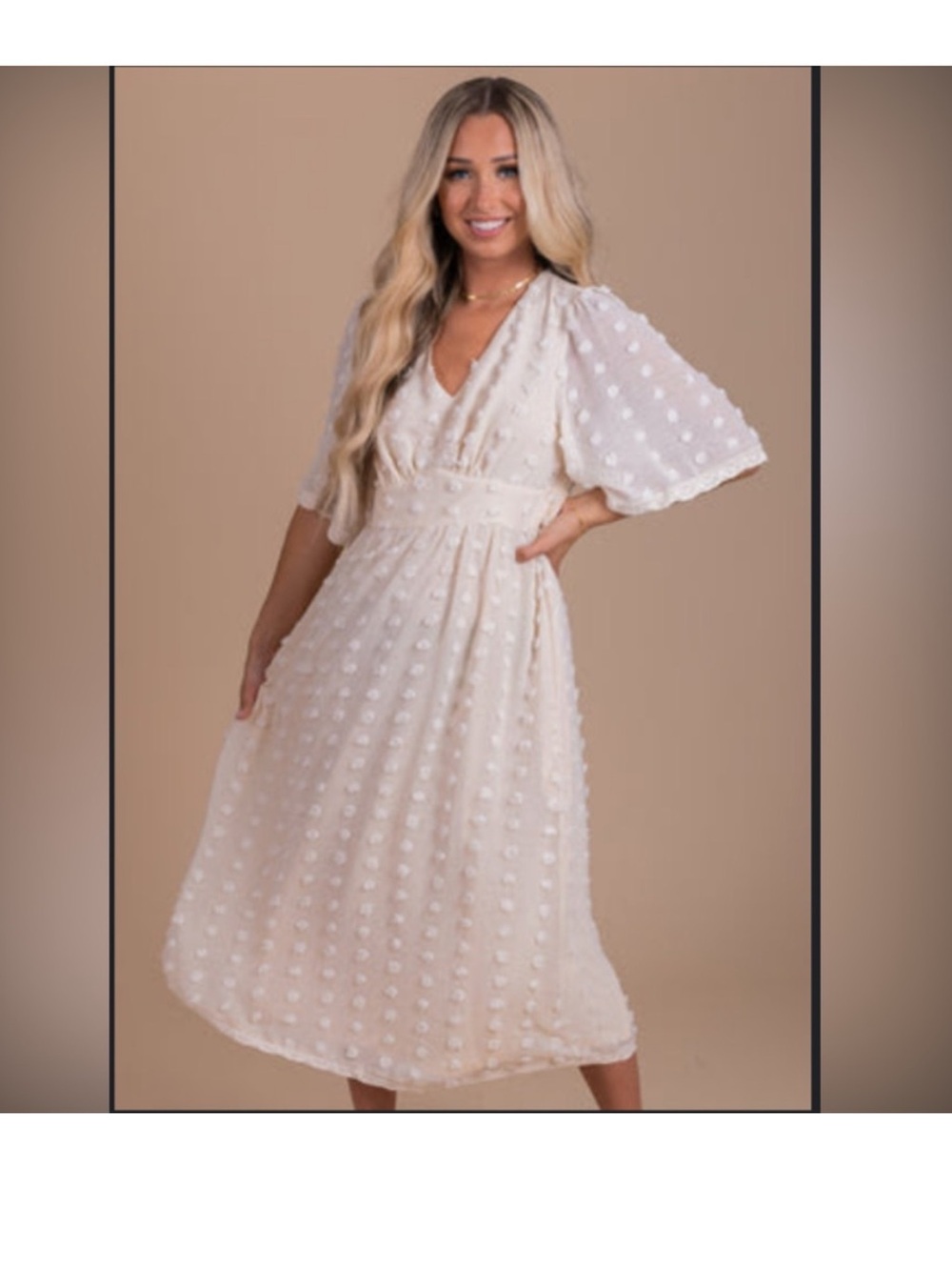 Textured Cream Midi Dress with Flutter Sleeves
